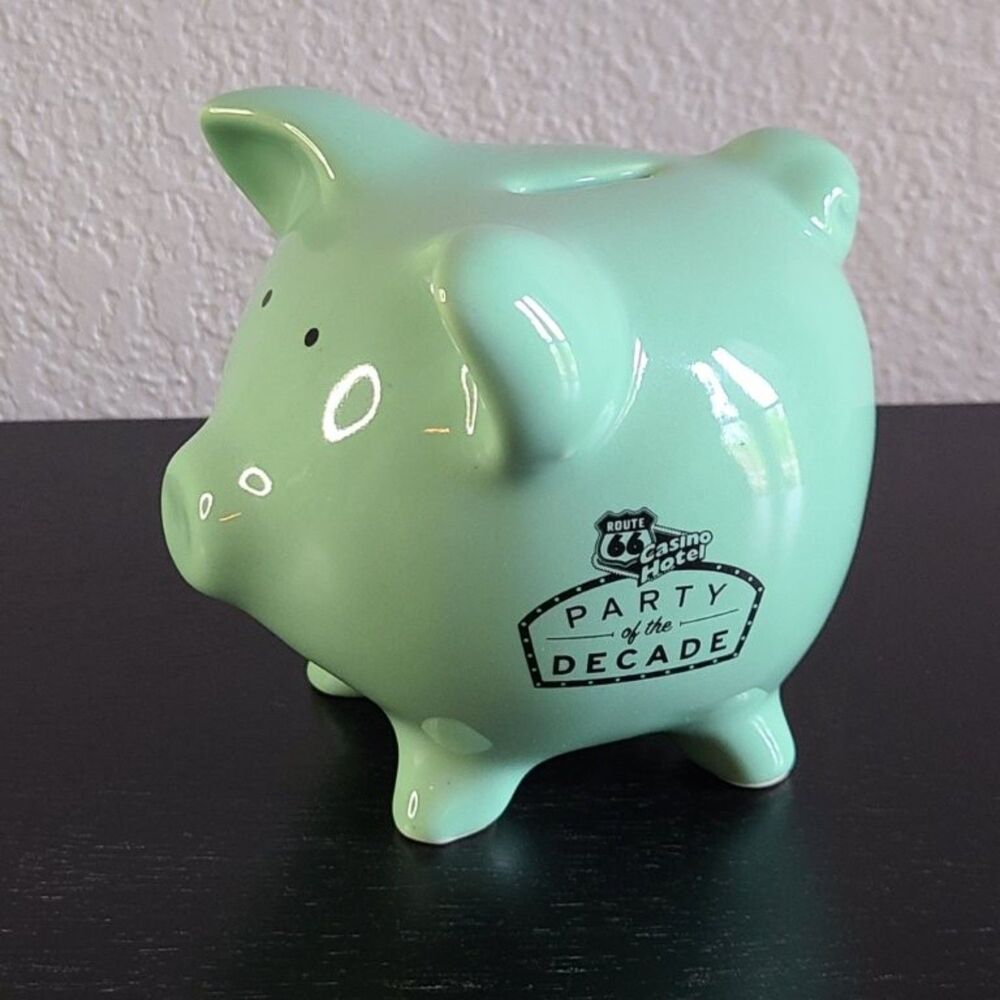Route 66 Casino Hotel Piggy Bank Mint Green Party of Decade Ceramic Coin Bank